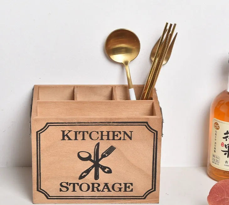 Modern solid-colour wooden kitchen storage box for knives, forks, and chopsticks with an internal grid.