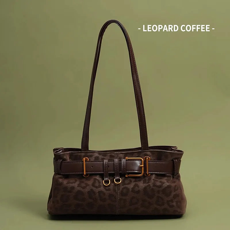 Retro leopard print PU shoulder bag in brown, compact horizontal square shape with double straps, 30x15x10cm.