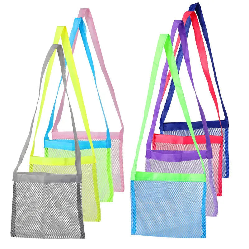 Blue nylon mesh travel storage bag with black handle and zip seal for children's clothing organisation