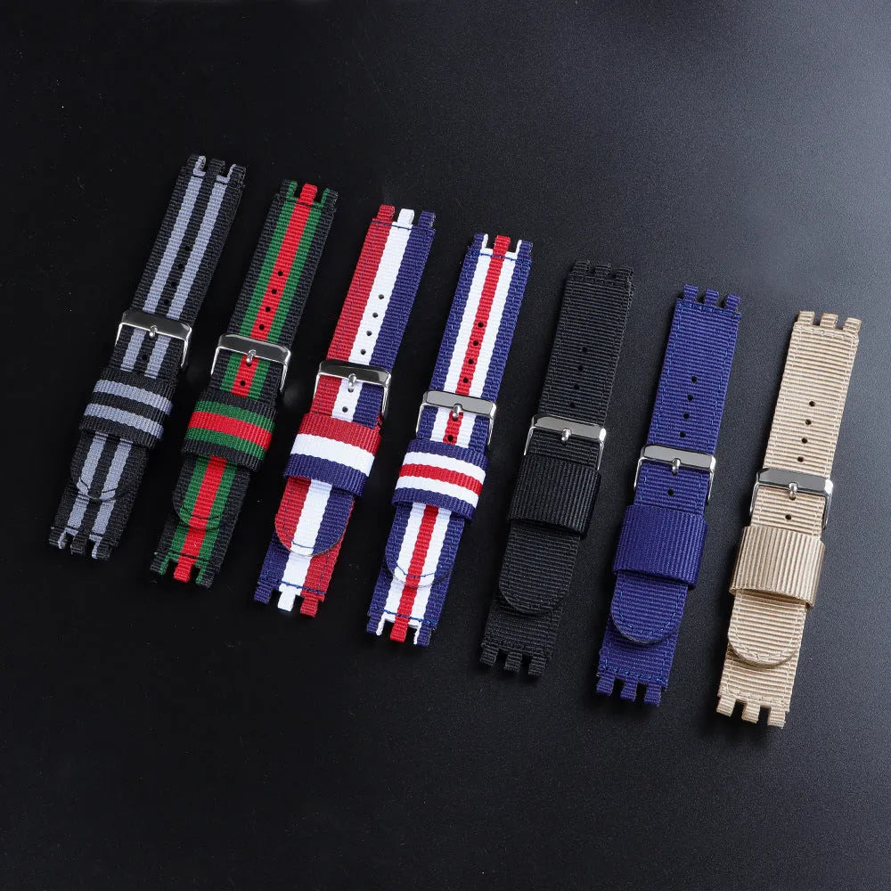 Nylon canvas watch strap in black with silver buckle, 20mm width, Business All-Match style
