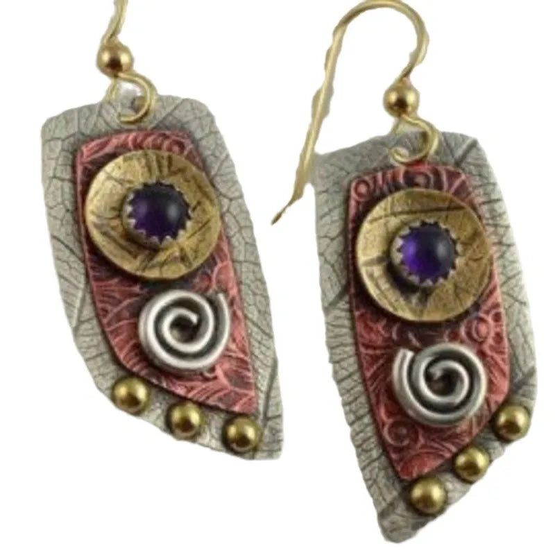 Gold geometric zinc alloy earrings with irregular camouflage leopard print pattern, retro stud design