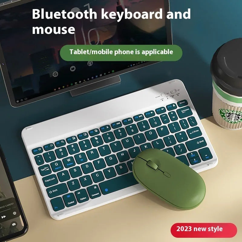 Bluetooth keyboard and optional wireless mouse in colours like white, green, pink, and lavender for tablet and PC use.