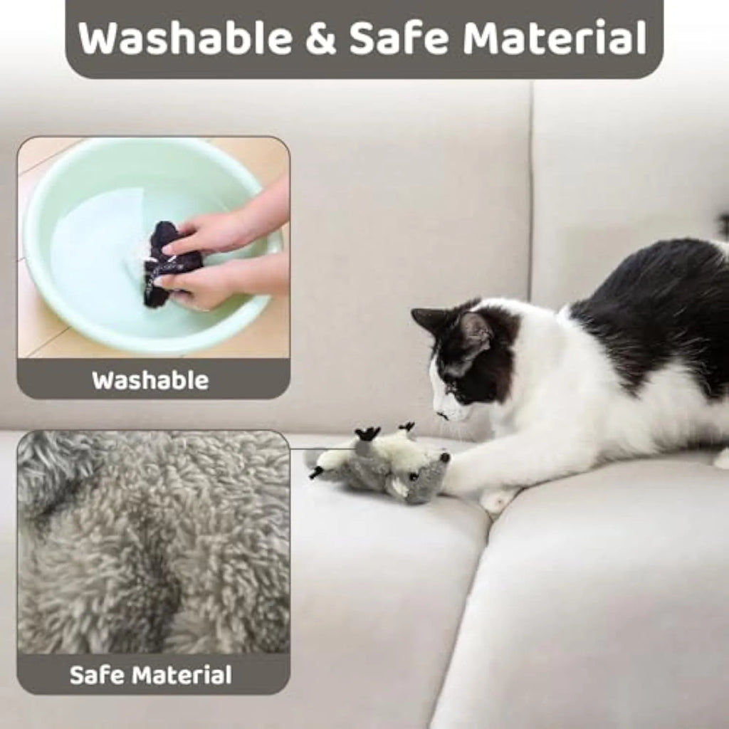 Gray flapping squirrel cat toy with USB charging cable and touch activation for interactive play