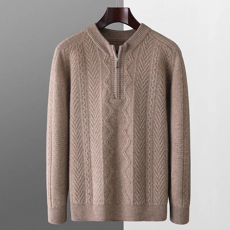 Man wearing a beige pure wool diamond pattern half-zip sweater with a loose fit.
