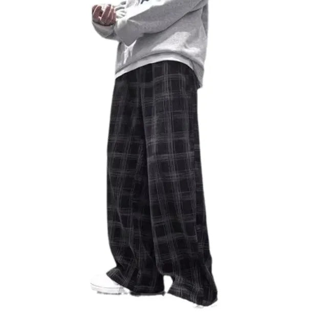 Men's black and green plaid loose fit straight leg casual trousers
