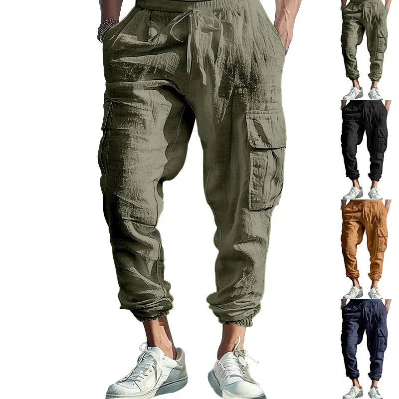 Men's solid colour linen trousers with ankle-tied cuffs, drawstring waist, and multiple pockets.