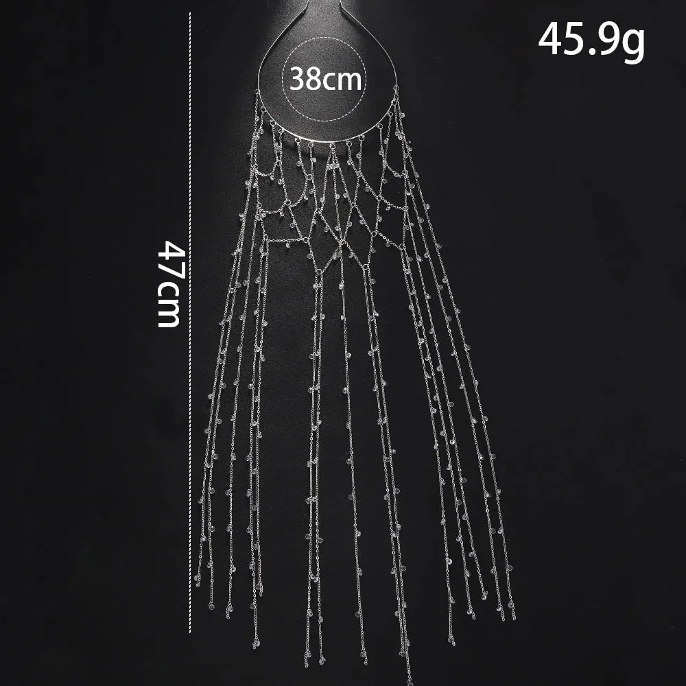 Gold electroplated rhinestone mesh headband with dangling tassel decorative elements
