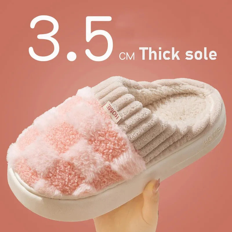Women's plaid plush slippers with non-slip PVC sole, round toe, flat heel, in Coffee colour