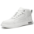 Men's white mid-top casual board shoes with round toe and lace-up design