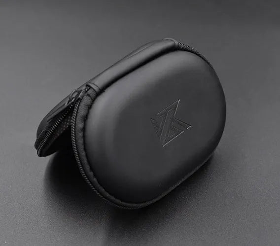 Black oval leather earphone storage bag with a zip closure, open to show soft-lined interior.