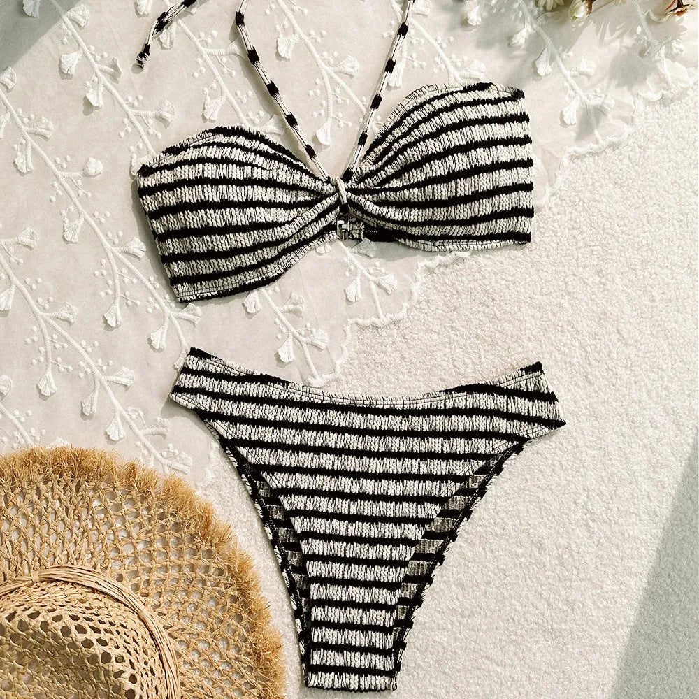 Women's striped printed bikini swimsuit set in pink, polyester, sleeveless top, brief bottom, for swimming and wading