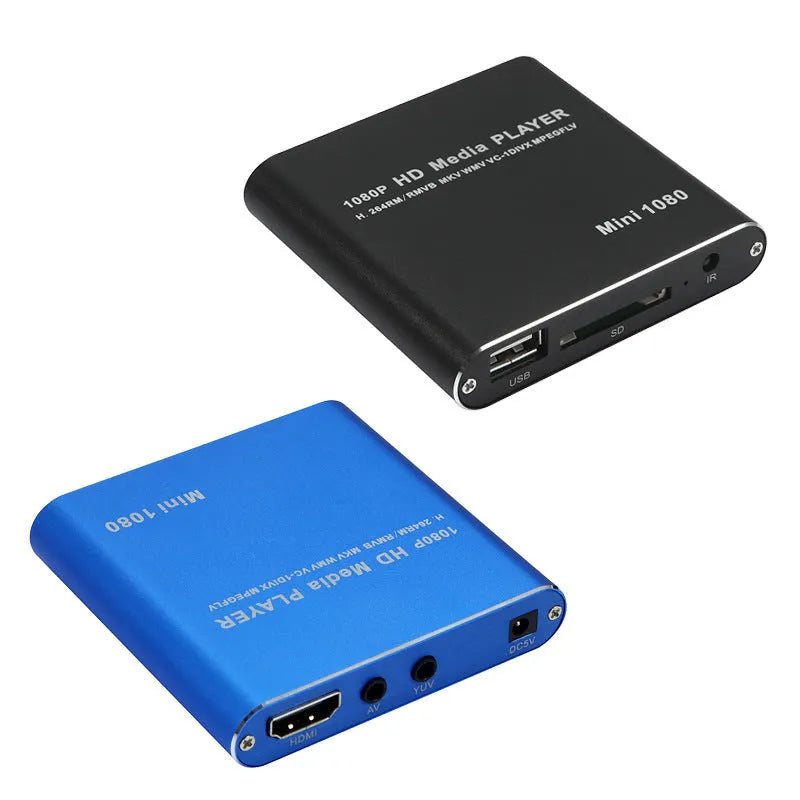 Blue or black 1080p HD media player with SD card and USB ports for video playback