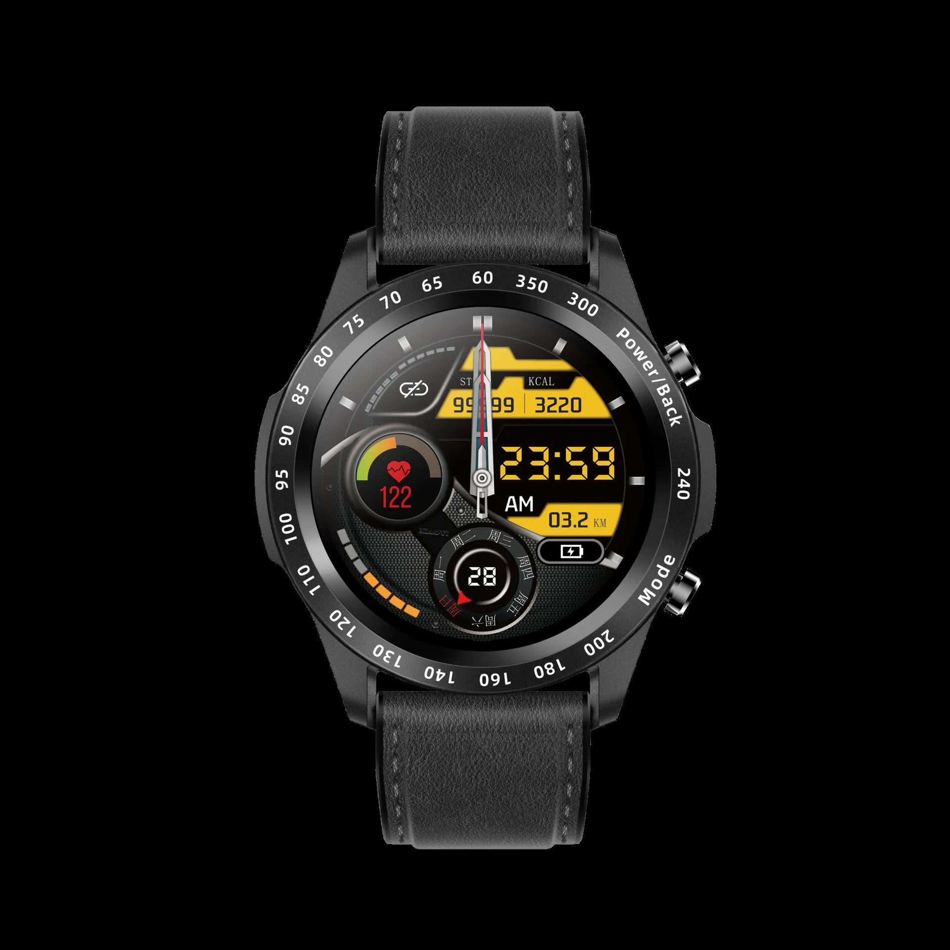 Black smart watch with zinc alloy case and leather strap showing 1.3-inch screen displaying heart rate data.
