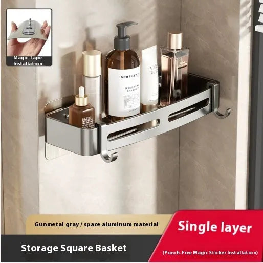Gun grey wall-mounted bathroom storage rack with corner design and punch-free installation