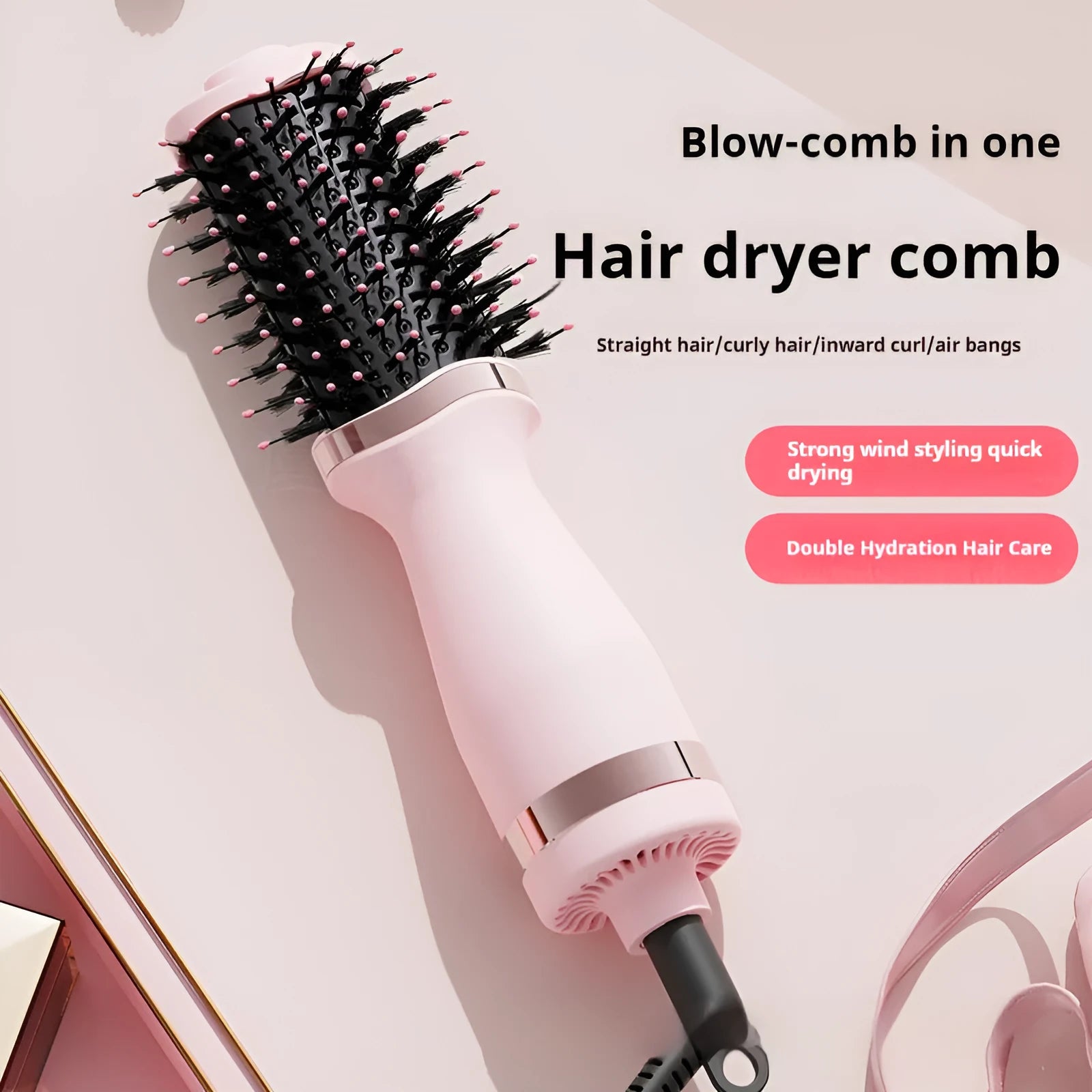 Pink multifunctional hair dryer styling comb with curling and combing functions