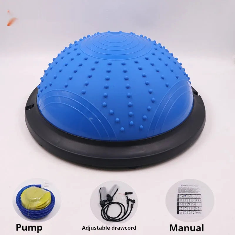 46cm ABS yoga balance wave velocity ball in blue glossy finish on a yoga mat