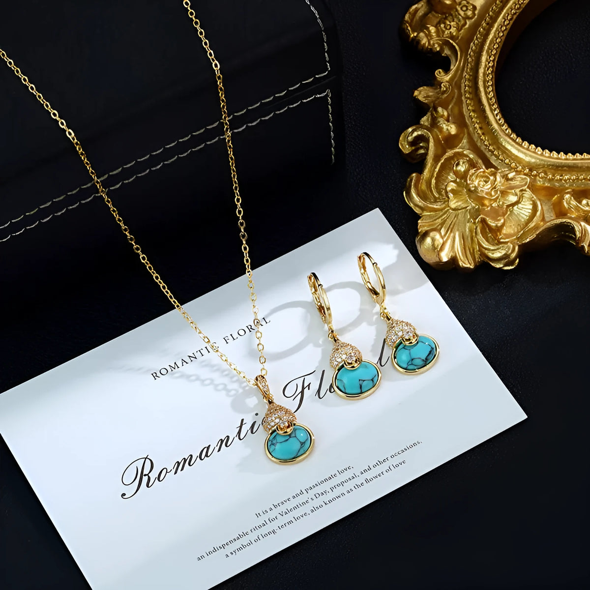 Turquoise gourd earrings and necklace set in brass with 18K real gold plating and electroplated finish
