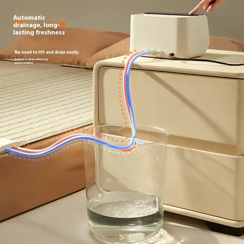 Aideng white electric water blanket with plush surface and smart host unit on a bed.