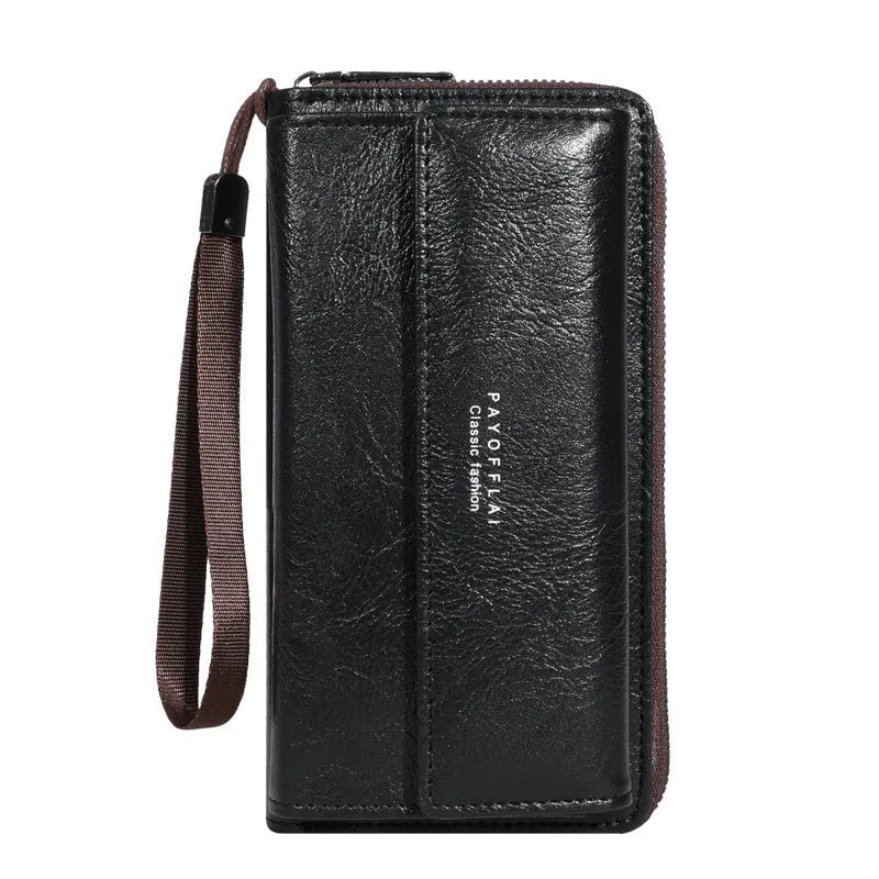Men's black PU leather wallet with multiple card slots, shown open to display interior.