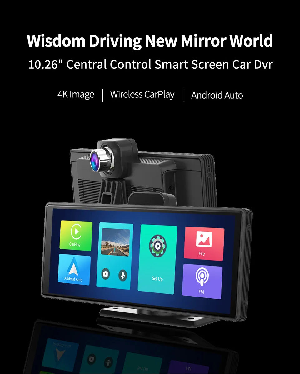 R33 black smart dash cam with 10.26-inch touch screen mounted on car windscreen, showing split view of road ahead and rear camera.