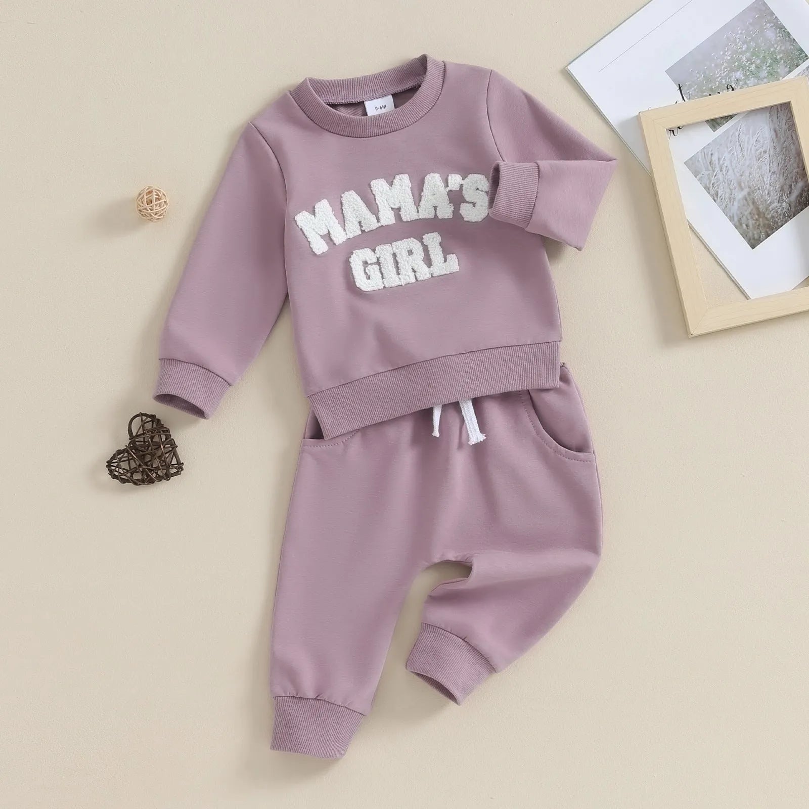 Baby girl solid colour cotton blend sweater with embroidered letters and matching long trousers suit in pink