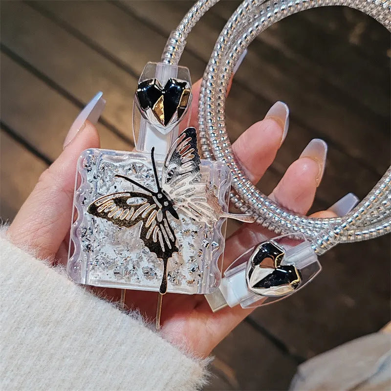 Three-dimensional butterfly USB cable protection sleeve for Apple 20W charger with silver foil square sleeve and electroplated rope detailing