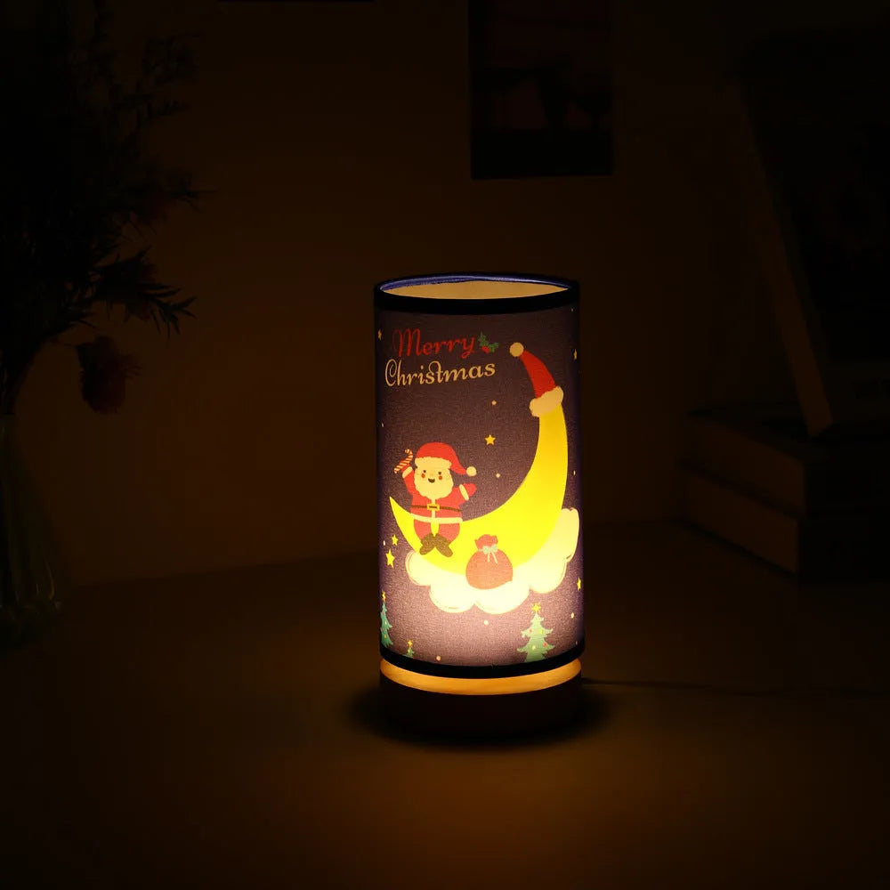 Moon Santa Claus themed LED night light with a bamboo base and a USB plug.