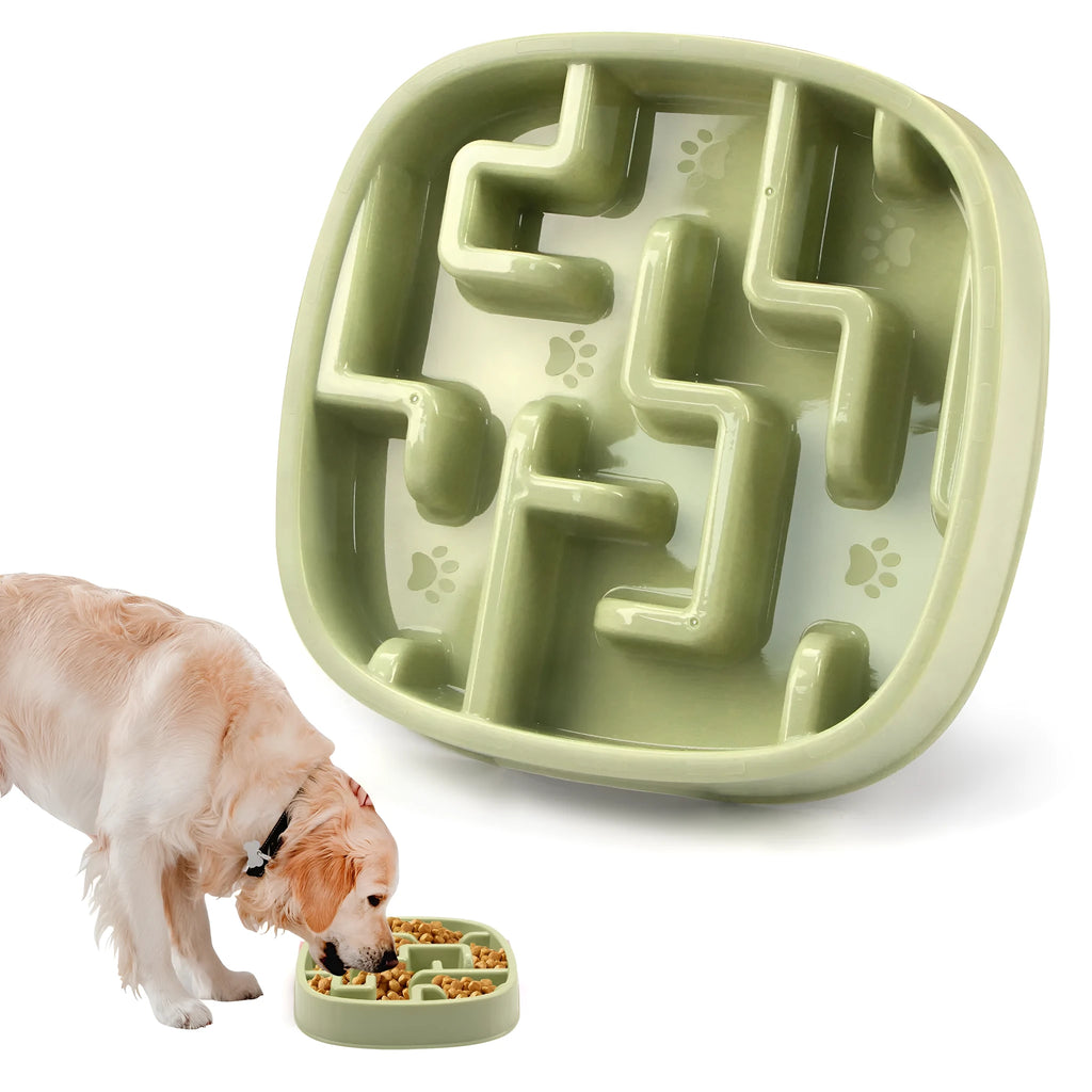 Square macaron-coloured slow feeder bowl with maze pattern for dogs and cats.
