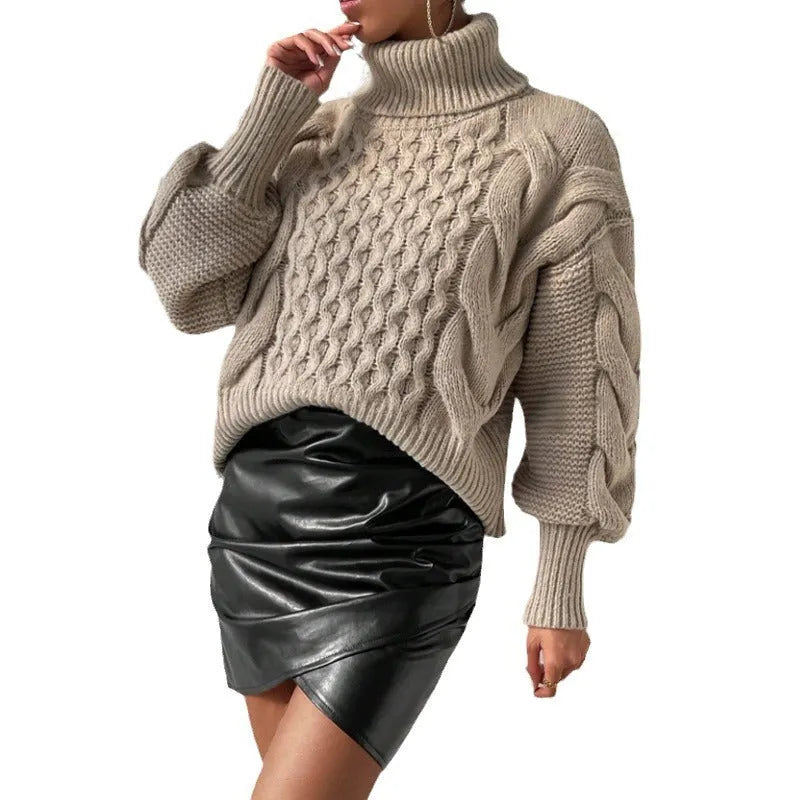 Women's twist thread solid colour loose pullover sweater in camel, long sleeves, medium thickness polyester fabric