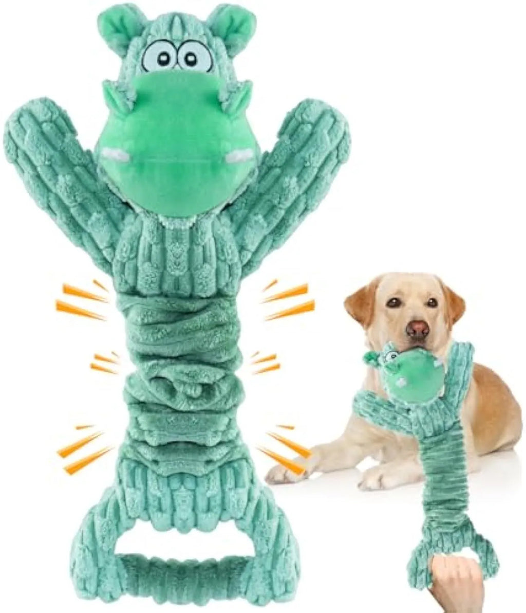 Hippo-shaped plush dog toy with a central handle, shown next to a monkey-shaped version.