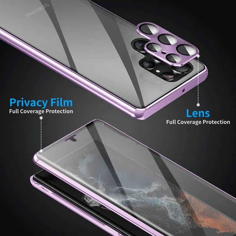 Black metal Samsung phone case with a mirrored front and a visible circular magnetic ring on the back.