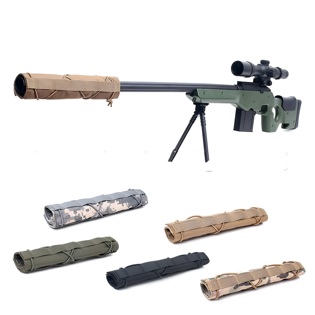 Polyester silencer protection cover, 14 x 22 cm, in Black, Army Green, ACU, Mud and CP for outdoor hunting gear.