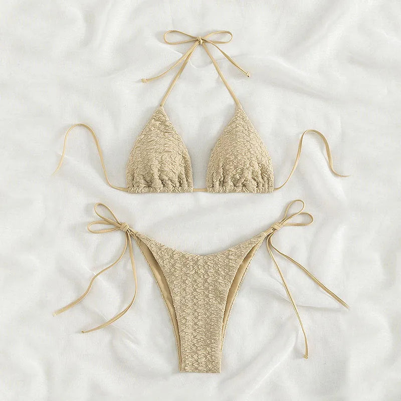 Women's high waist bikini swimsuit with lace-up sides in khaki, blue, pink, or black.