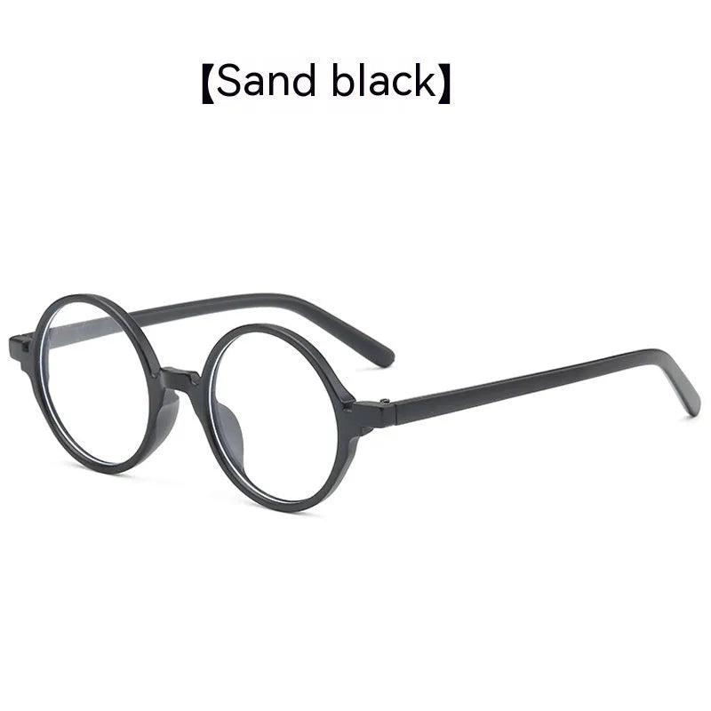 Retro round non-prescription glasses in four colours: bright black, sand black, tofu pudding, transparent grey.