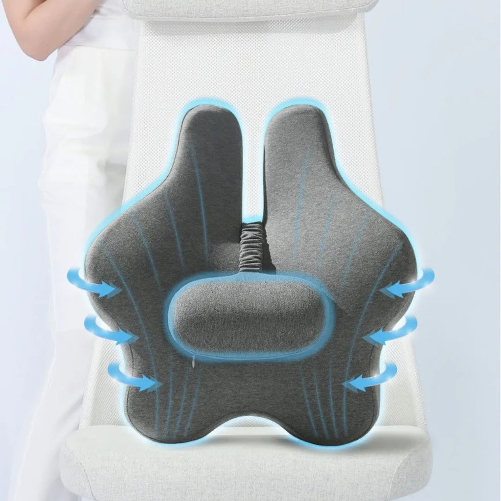 Black memory foam car lumbar support cushion showing simple solid colour design.