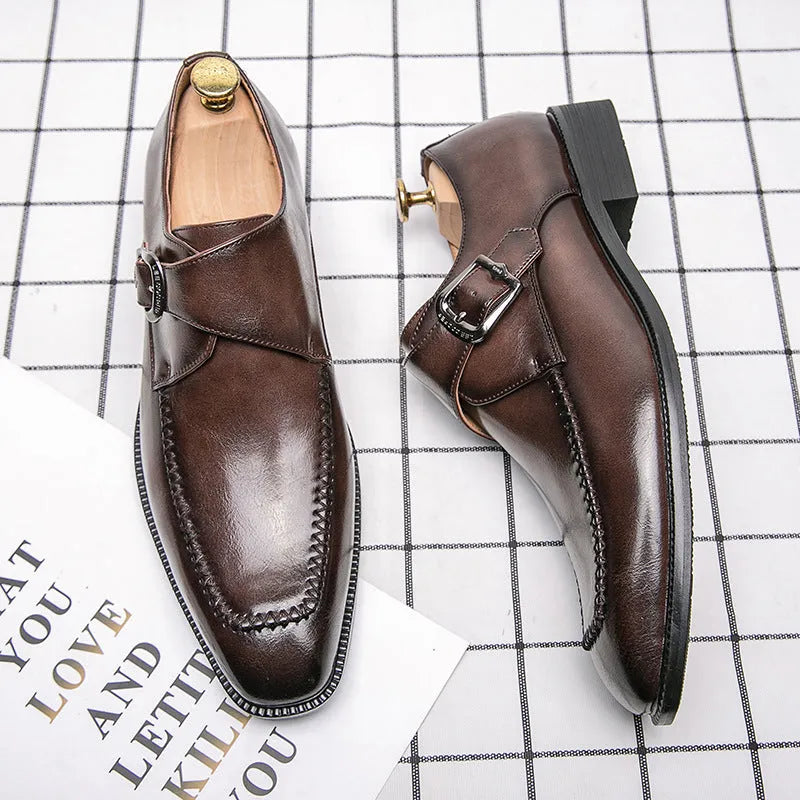Men's square toe low-top buckle dress shoes in brown microfiber suede leather with stitching detail and rubber sole