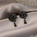 Black rose zircon flower-shaped stud earrings with 18K gold plating