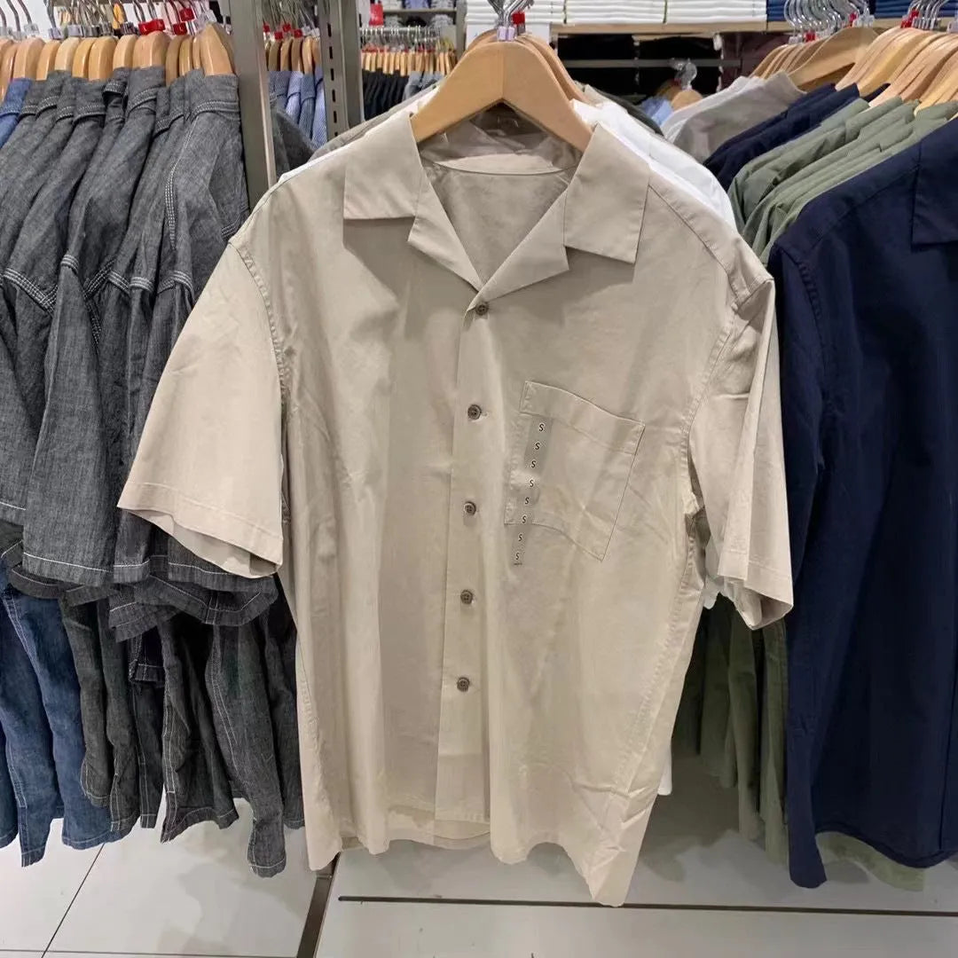Men's modal cotton open collar shirt in Japanese Korean casual style with collage stitching
