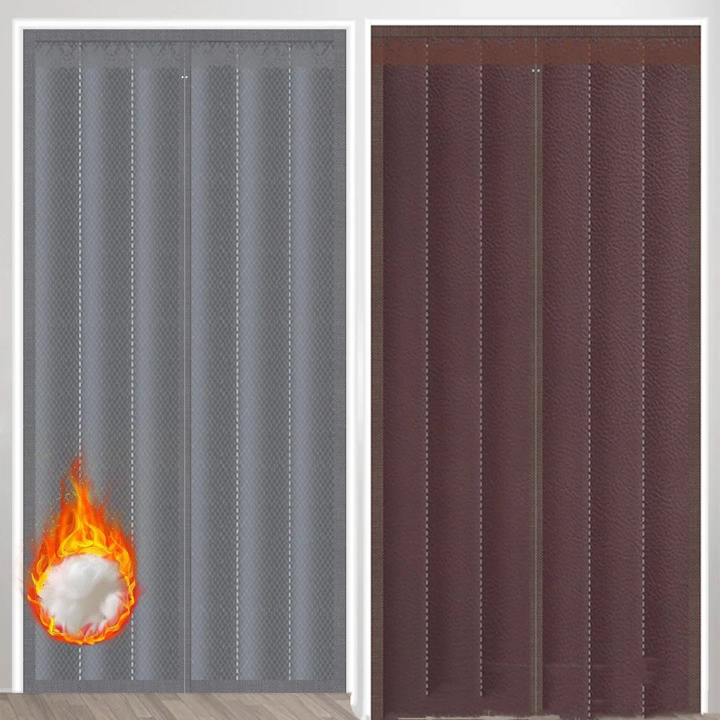 Full seam long magnetic strip cotton door curtain in New Chinese style pattern hanging in a doorway.