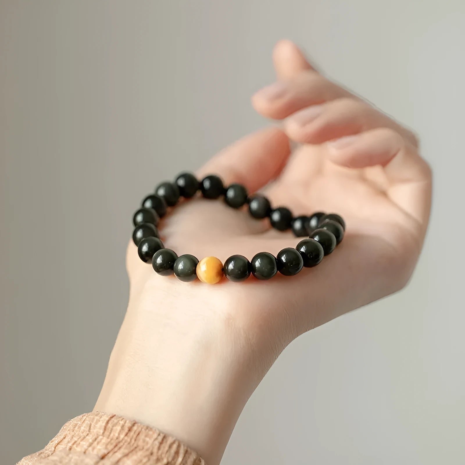 Black obsidian bracelet with 10mm geometric beads in Korean luxury style