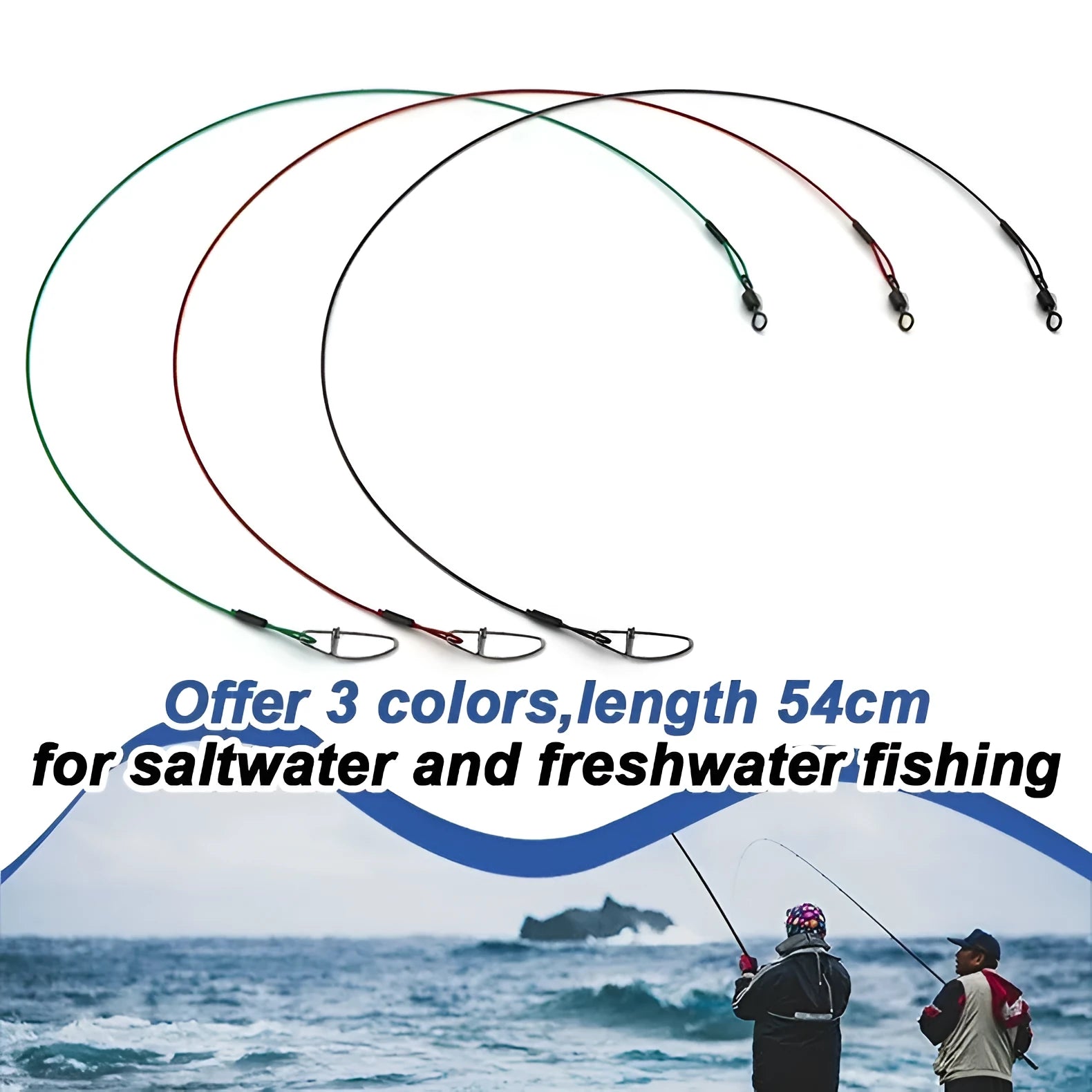Green, black, and red steel wire fishing tackle accessories with double buckle pins, each 54cm long.