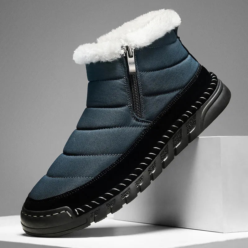 Men's plus size solid colour snow boot with round toe and flat heel on a non-slip rubber sole.