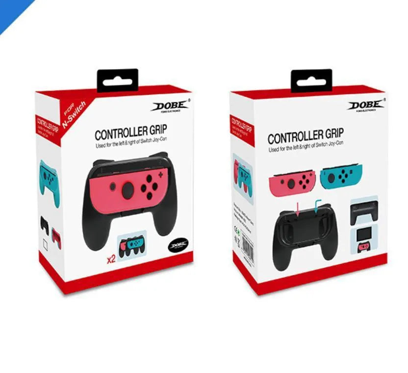 Small ABS Joy-Con grip handles for Nintendo Switch left and right controllers, shown in black and red blue.