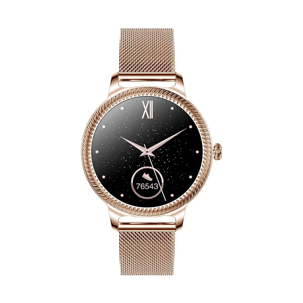 AK38 ladies smart watch with stainless steel band on a wrist, showing its 1.09-inch screen.