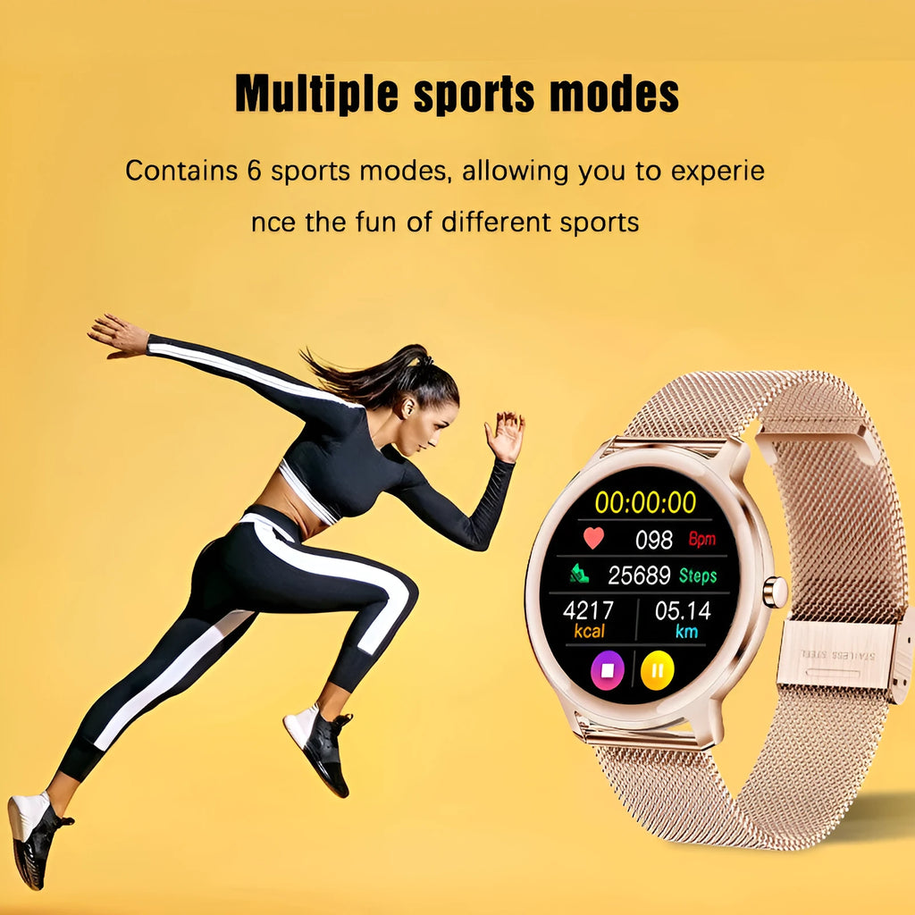 Women's Bluetooth smart watch with 1.3 inch screen and stainless steel wristband in rose or silver colours
