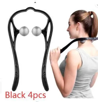 Blue plastic handheld neck and shoulder massager with adjustable stand and removable soft head on a white background.
