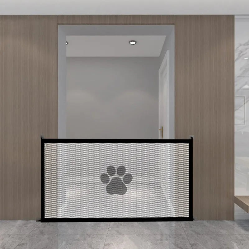 Portable folding dog safety barrier net with plastic rods in pet doorsill colours