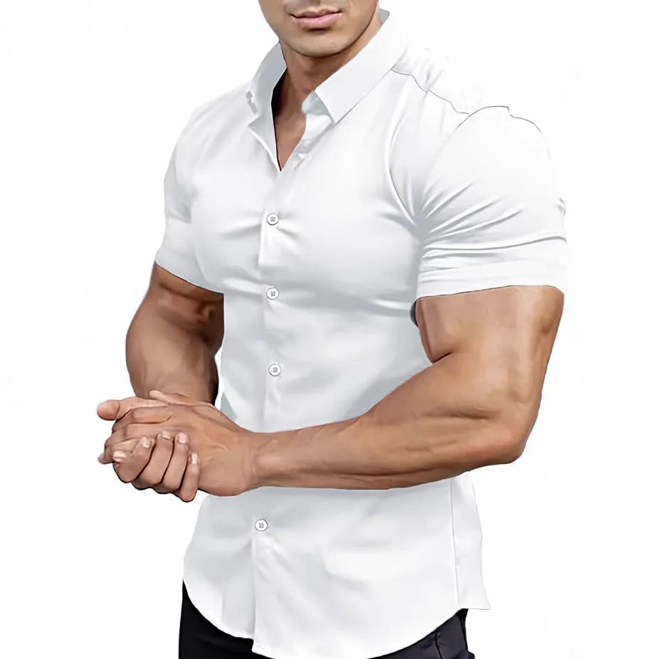 Men's short sleeve printed casual shirt in polyester with collar and cardigan style