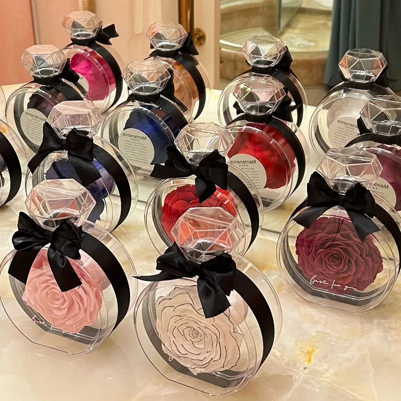 Dried flower gift box with transparent cover, natural eternal rose ornament, 10x6x14cm, available in multiple colours for home decor