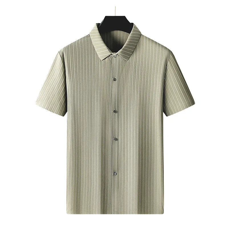 Man wearing a black and khaki striped loose-fit plus size casual shirt with a square collar.